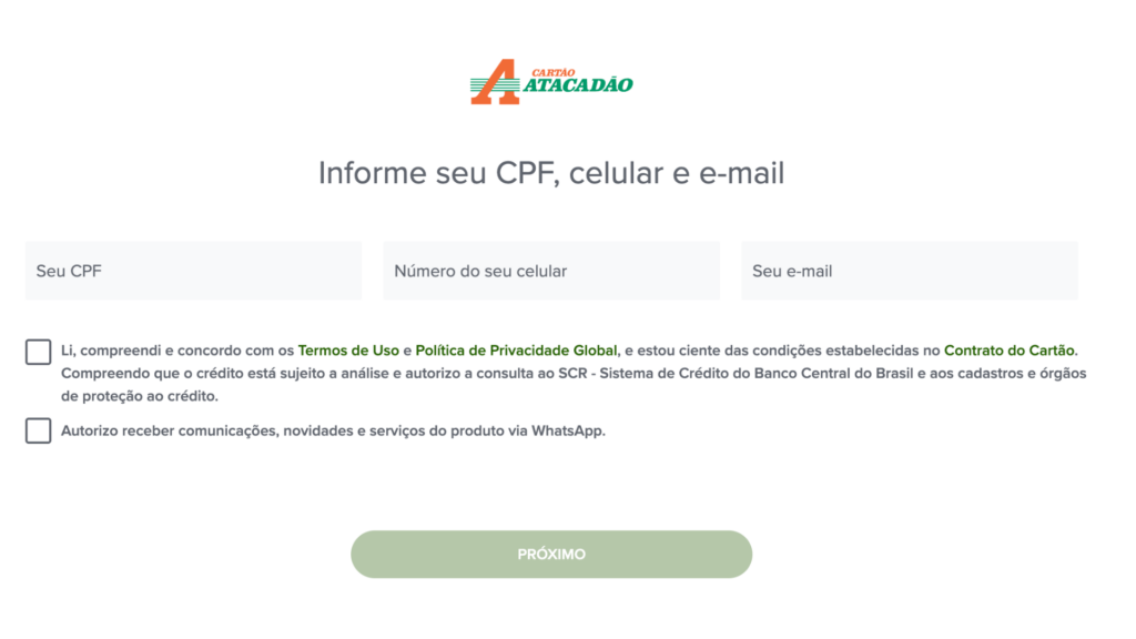 Formulário pedir cartão atacadão